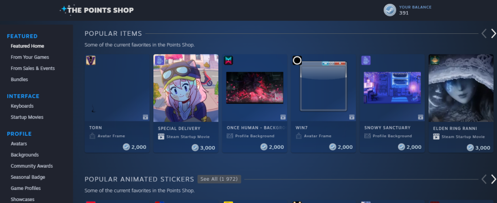 Steam points shop screenshot